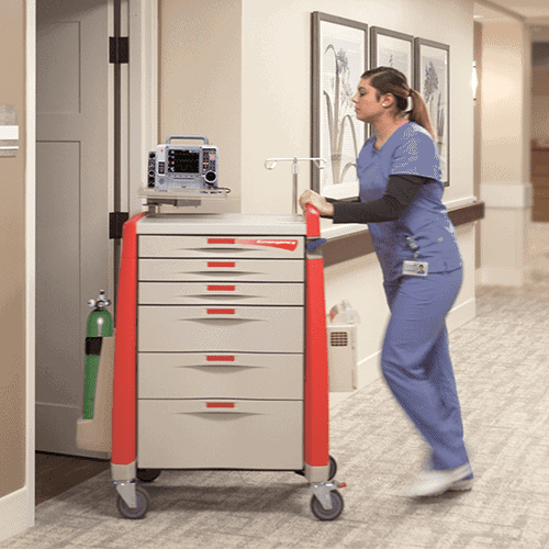 Nurse Pushing Red Avalo Emergency Cart