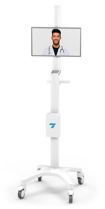 Telehealth cart with rolling computer stand for virtual rounding and remote patient monitoring