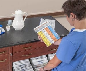 Tarjetas grandes de blíster multidosis en el carrito de medicamentos
